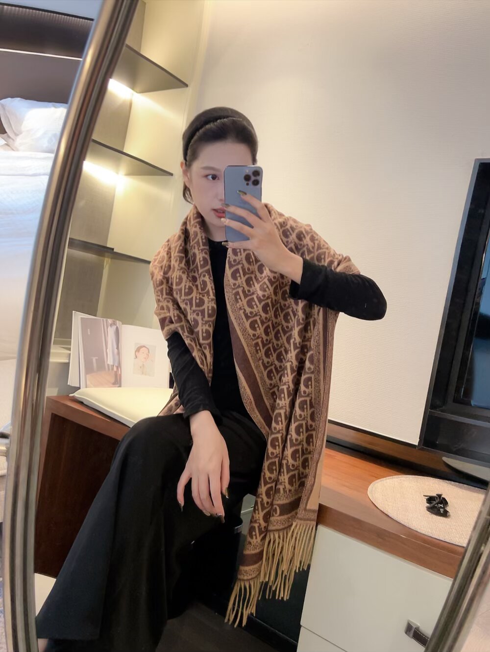 Dior Oblique Cashmere Scarf Beige and Brown