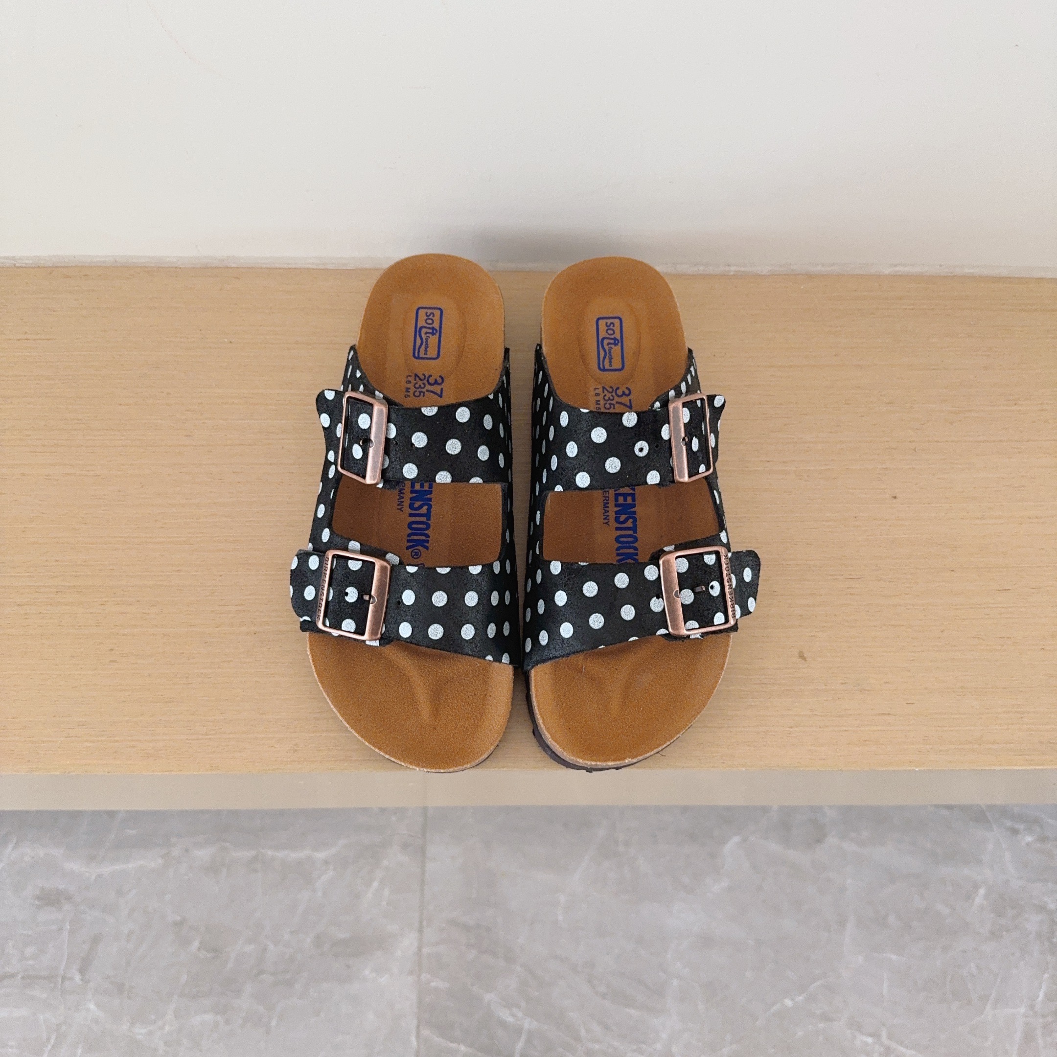 Polka Dot Birken-Style Two-Strap Sandals