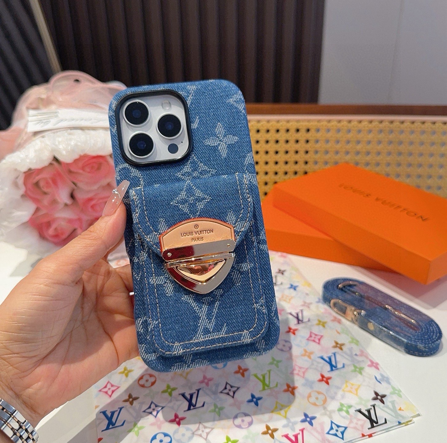 LV Denim Lock Card Holder Phone Case with Crossbody Strap