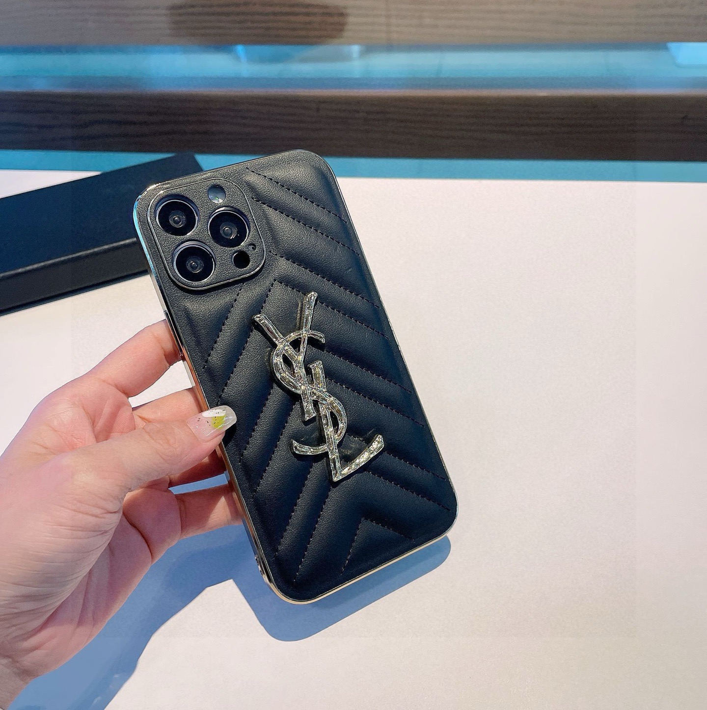 YSL V-Shaped Quilted Leather Diamond Metal Logo Electroplated Frame Luxury Phone Case