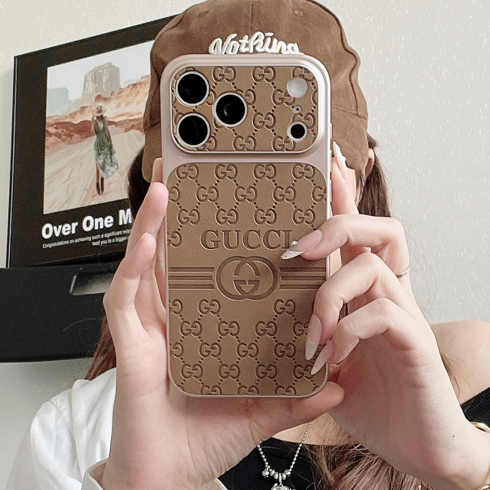Gucci Embossed GG Monogram Electroplated Frame Premium Leather Luxury Phone Case