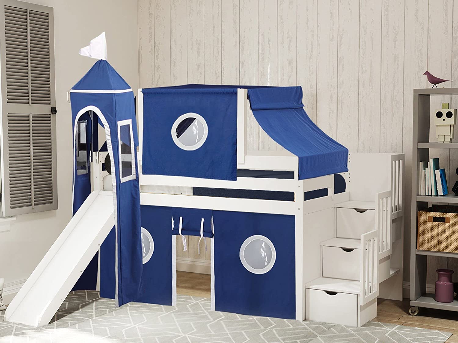 Princess Low Loft Stairway Bed with Slide Pink & White Tent &