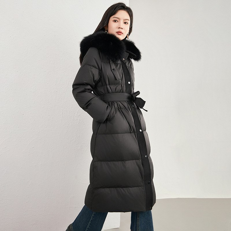 Elegant Fur Collar Hood Belt Long Cotton Jacket Women Zipper Drawstring Waist Parka Down Coat