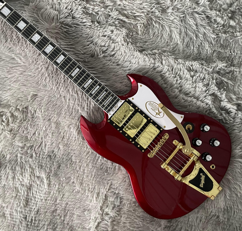 Electric Guitar Red HHH Pickups Tremolo Bridge Top Mahogany Body