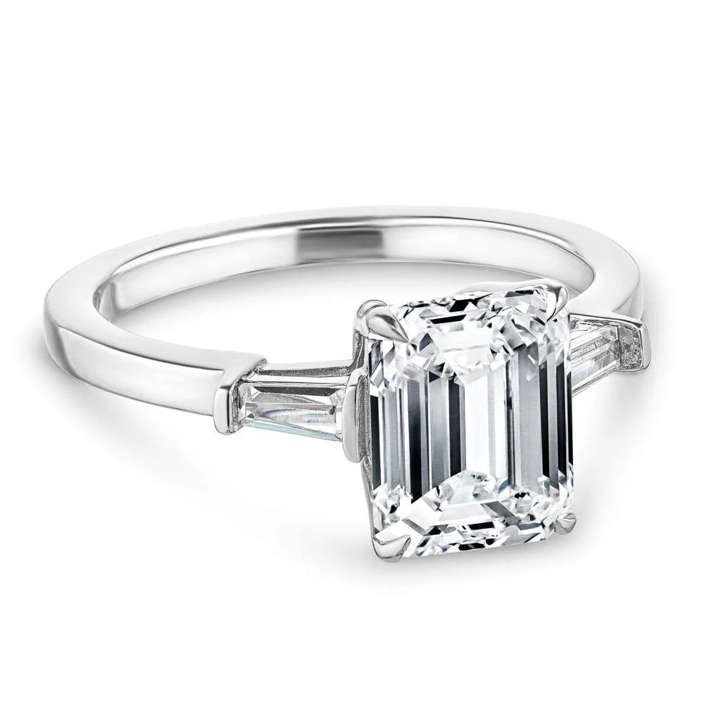Devon Emerald Lab Grown Diamond Baguette Sides Three Stone Engagement Ring