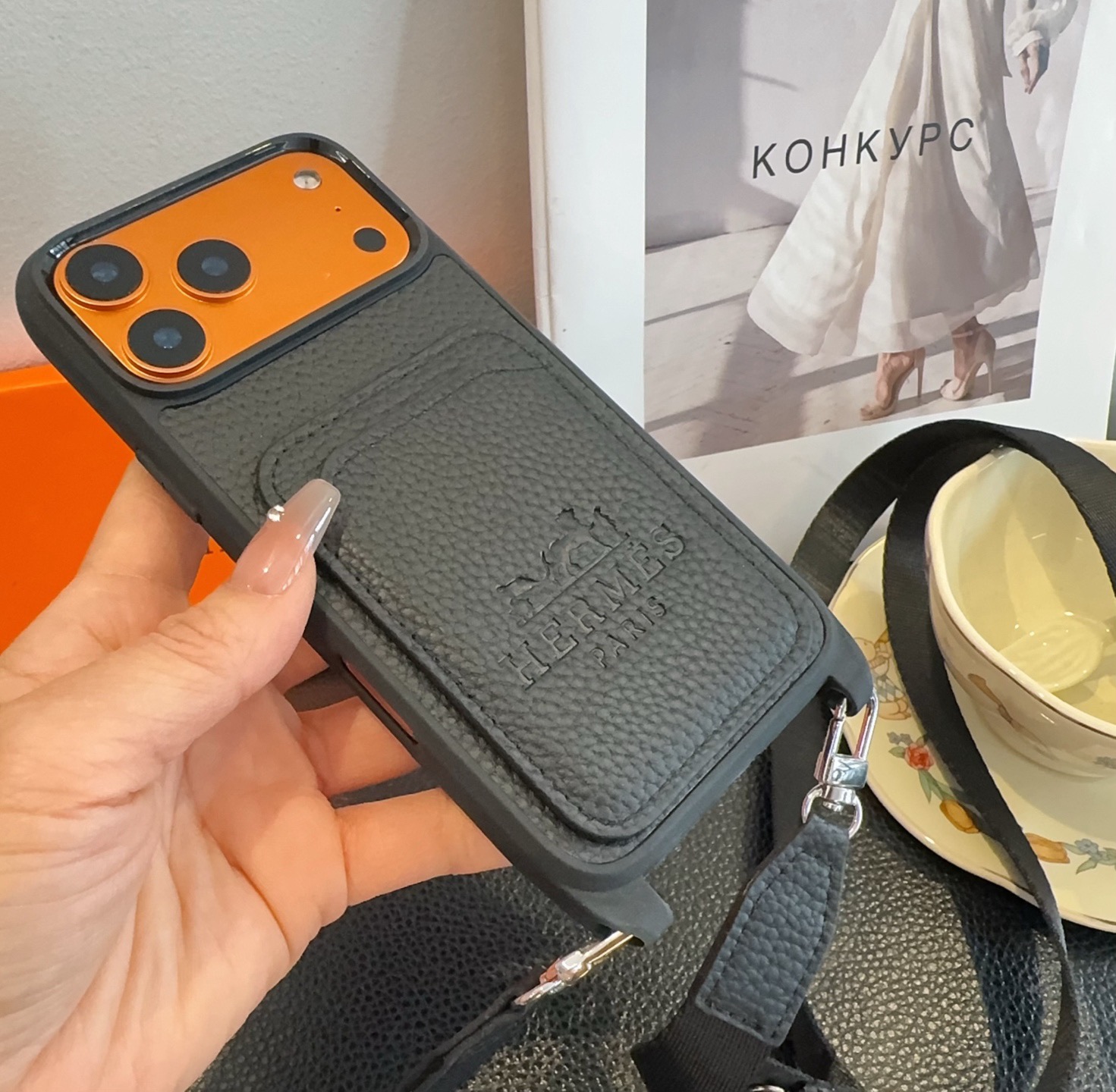 Hermès Paris Embossed Leather Card Pocket Crossbody Luxury Phone Case