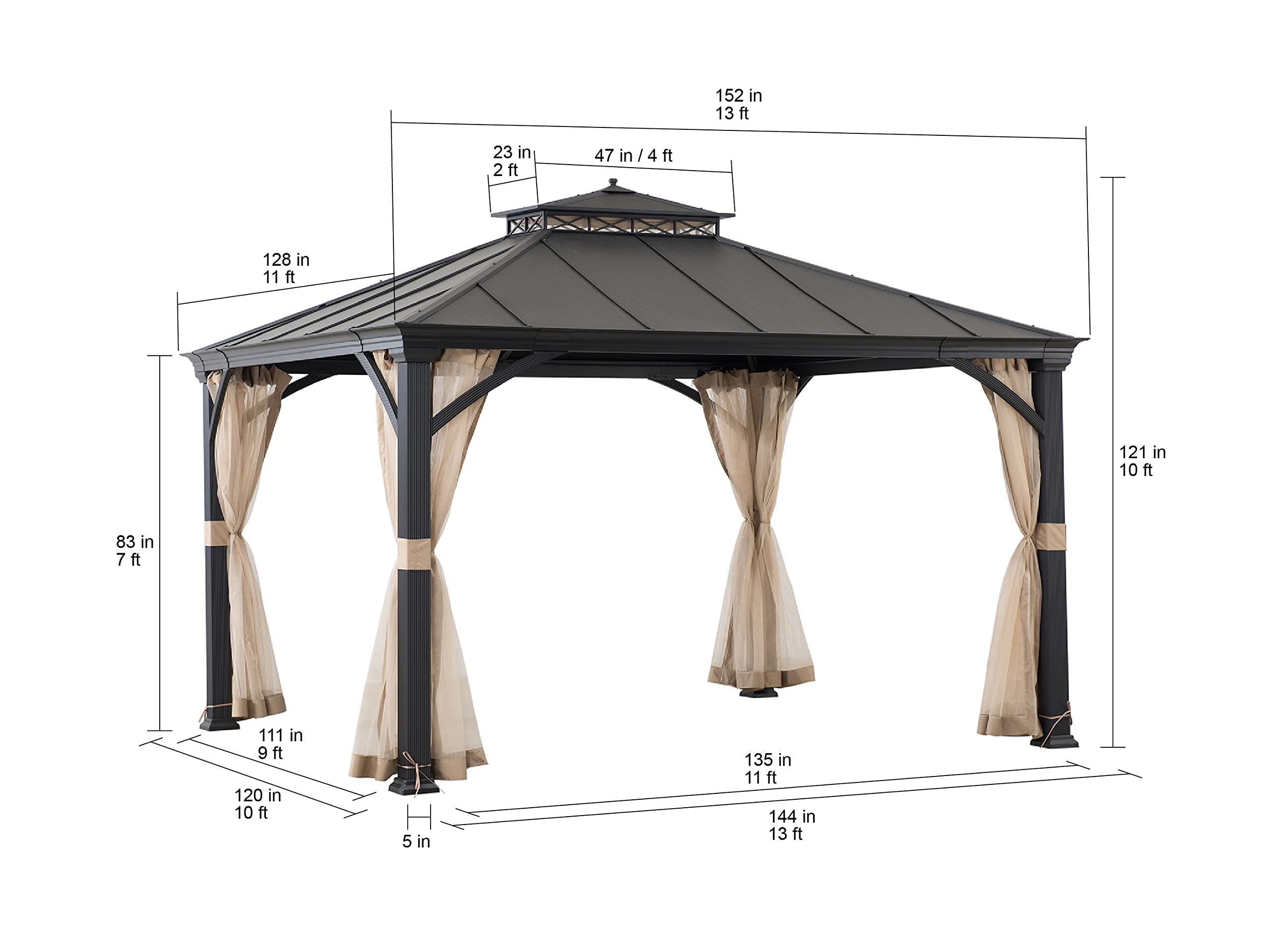 10.5x12.5 ft. Patio Black Steel Frame Hardtop Gazebo with