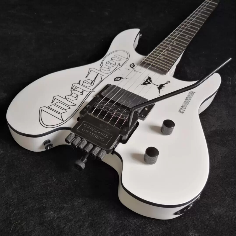 Hand Painted Lion White Headless Electric Guitar Vibrato Bridge&percussion Stick