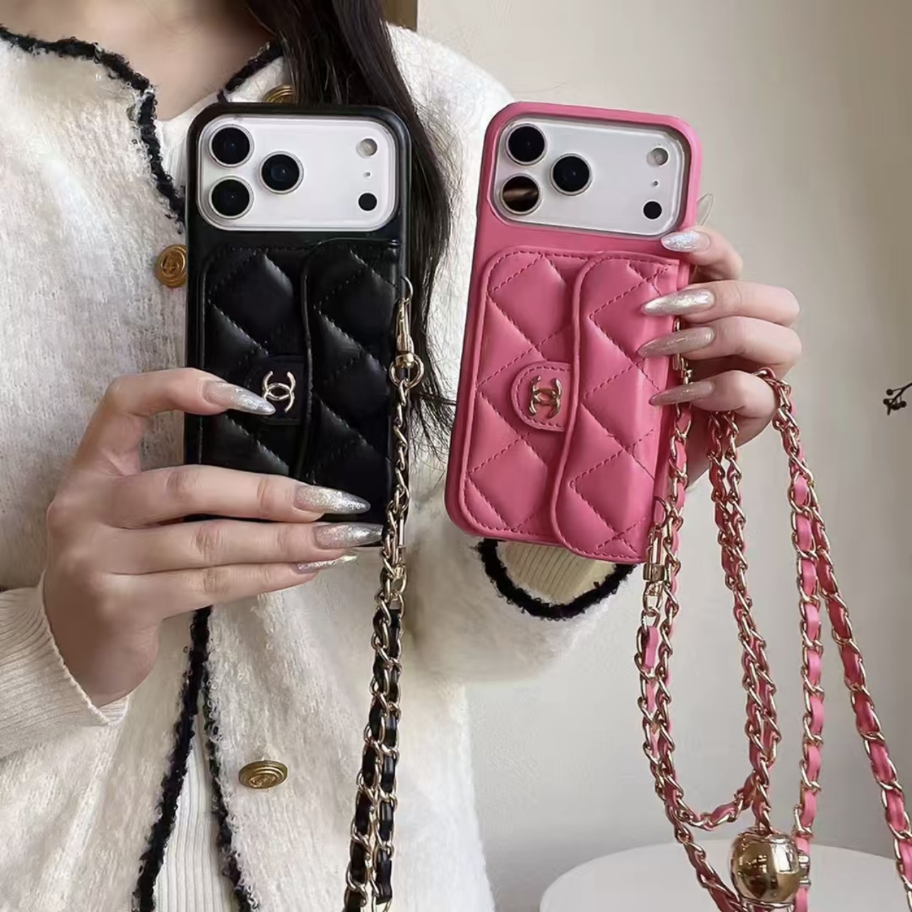 Chanel Style Quilted Wallet Phone Case With Adjustable Chain Crossbody Strap