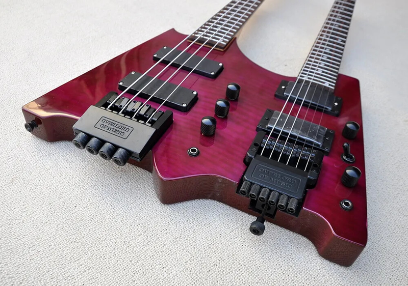 Purple 4+6 Strings Headless Double Neck Electric Guitar Flame Maple Veneer Top