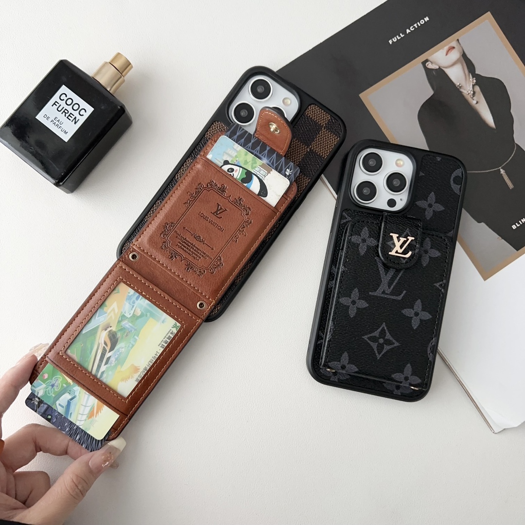 Designer Monogram Card Holder Phone Case with LV & GG Metal Buckle
