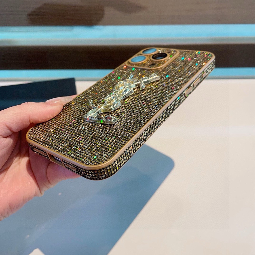 YSL Full Bling Glitter Diamond 3D Metal Logo Luxury Shockproof Phone Case