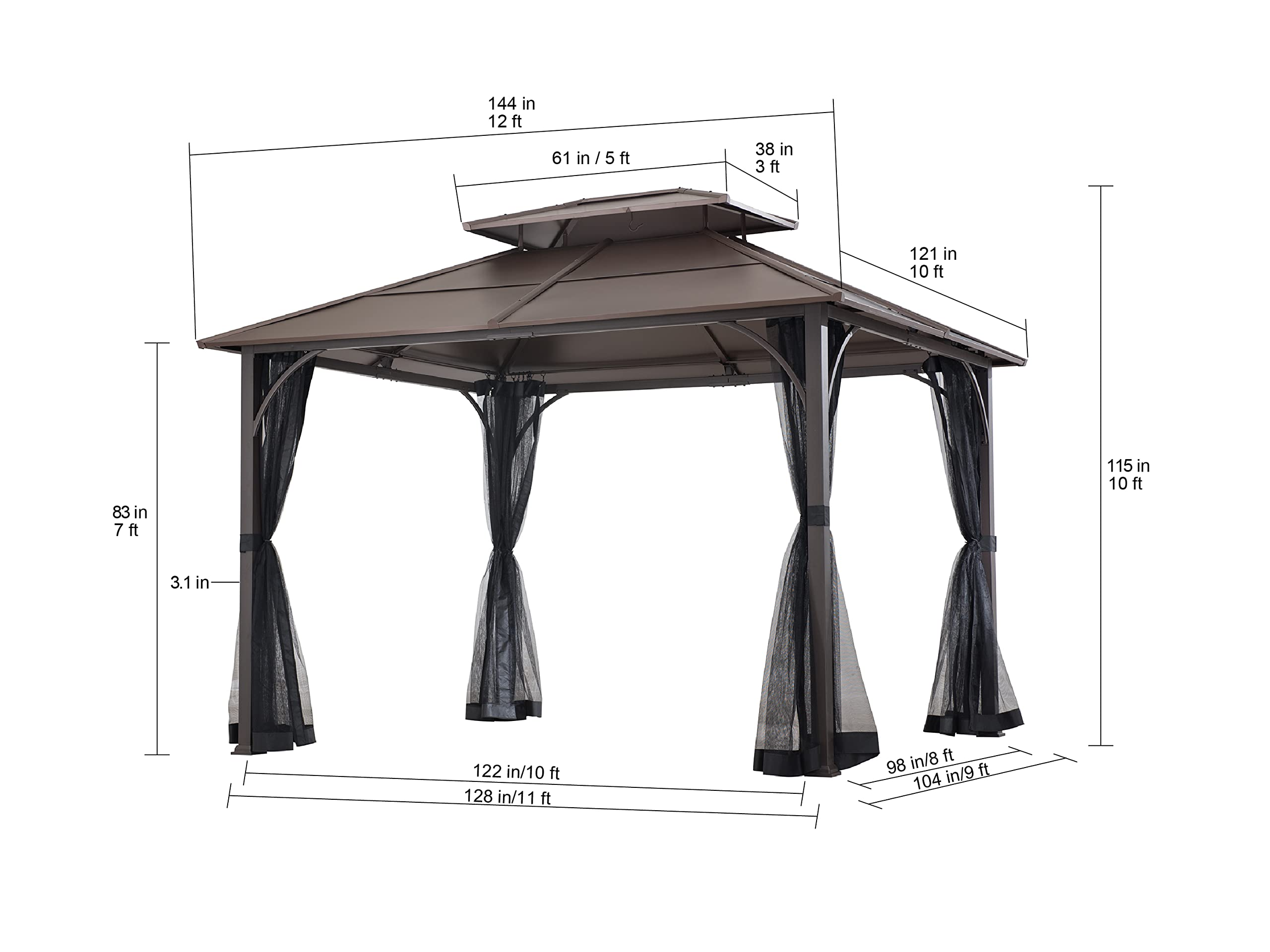 10x12 Brown Steel Gazebo with 2-Tier Hip Roof Hardtop