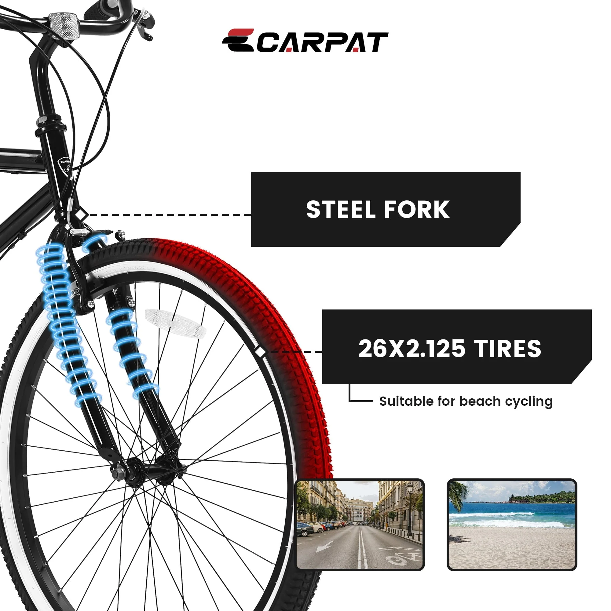 26in Beach Cruiser Bicycle, 7-Speed, Black