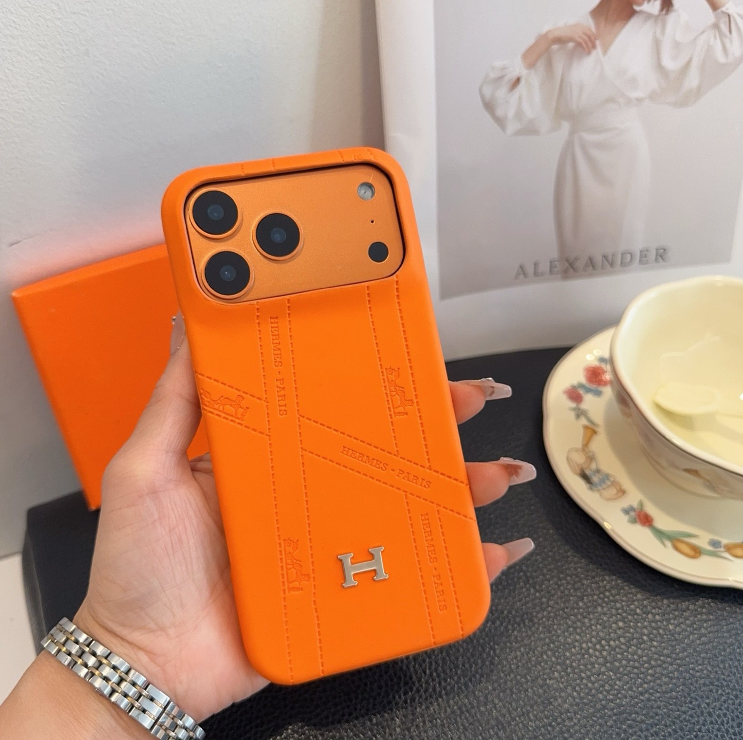 Hermès Signature Orange Stitched Monogram Metal H Logo Luxury Phone Case