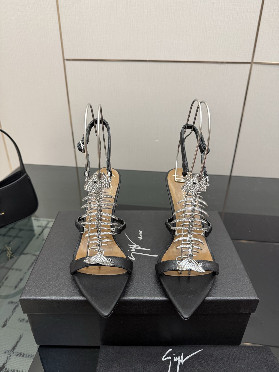 Giuseppe Zanotti Slim 2.0 105 black crystal fishbone sandal