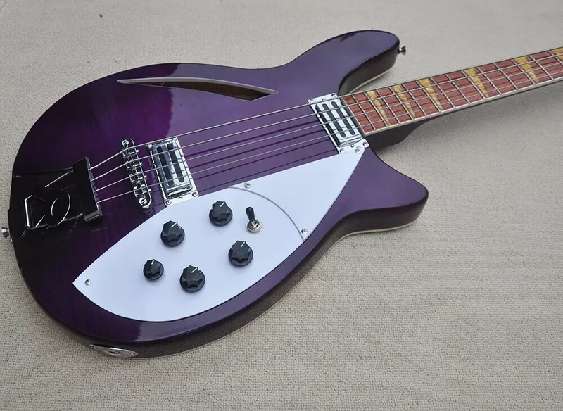4 Strings Semi-hollow Electric Bass with Flame Maple Veneer, Rosewoodd Fretboard