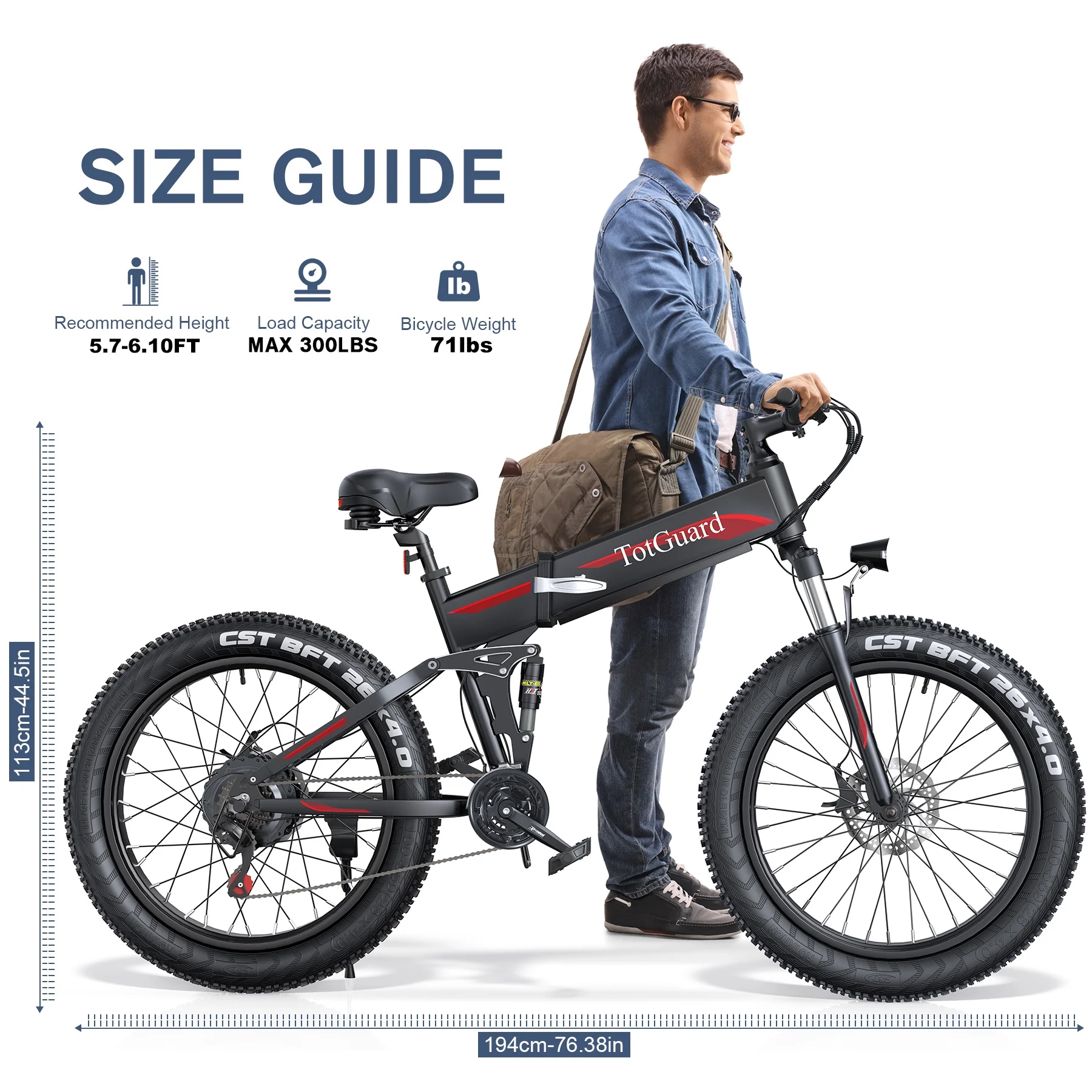 TotGuard 26in Folding Fat Tire Electric Bike, 500W, 48V 10Ah