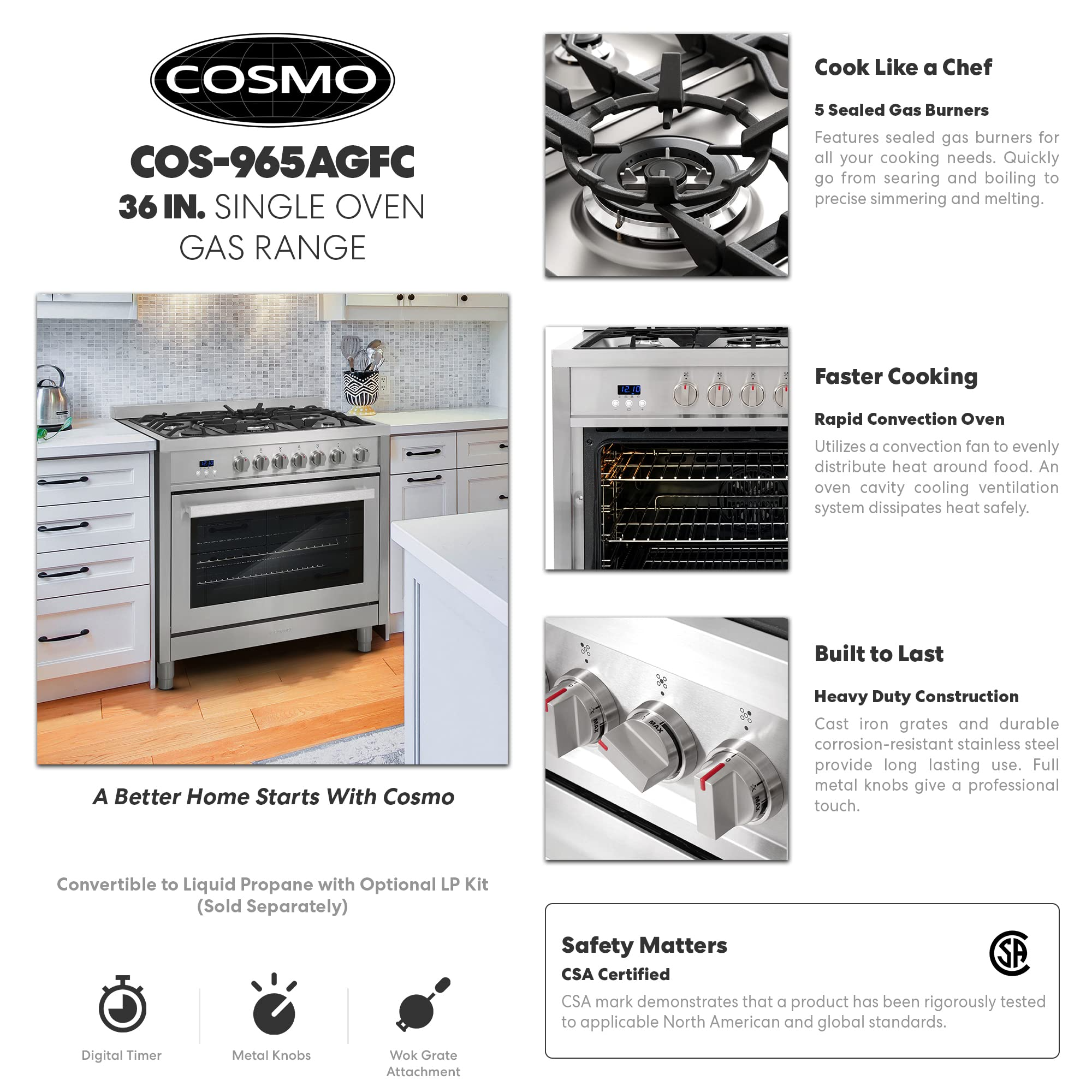 36 in. Gas Range with 5 Burner Cooktop