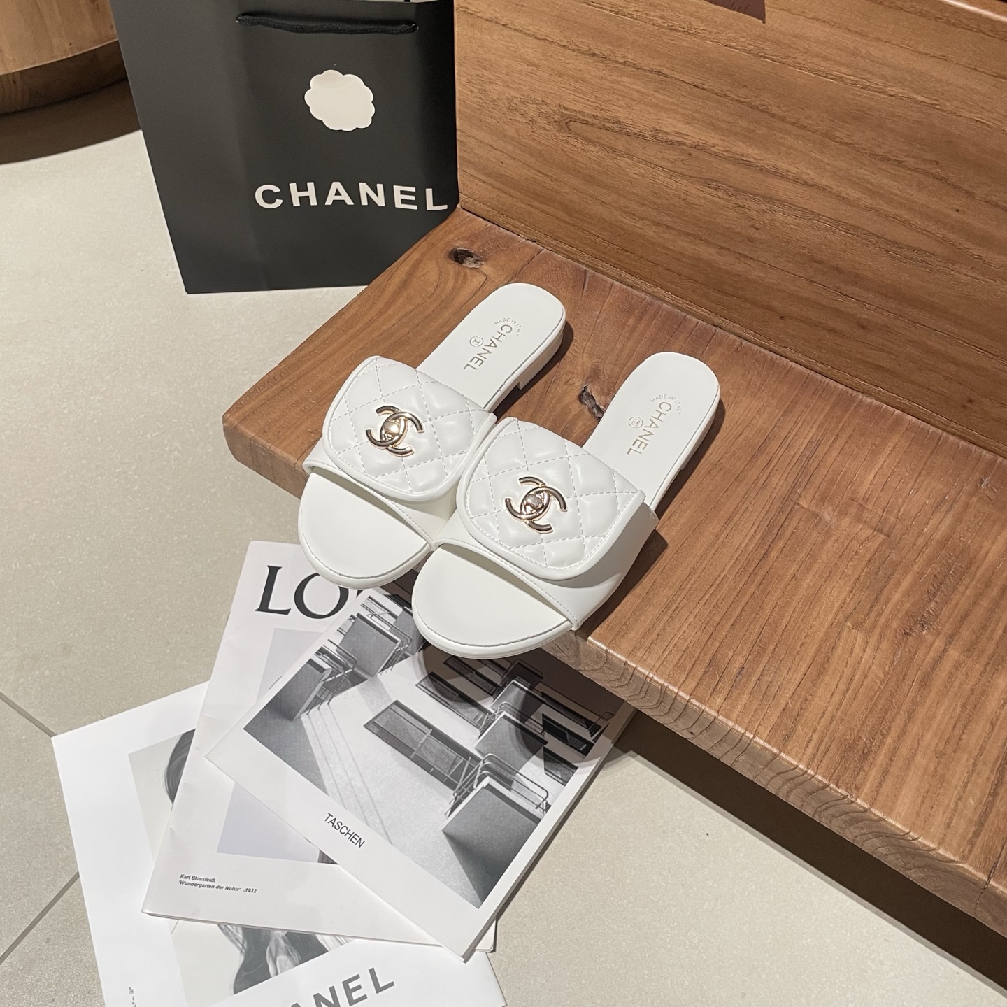 Chanel Buckle-Strap Slide Sandals - Silver & White