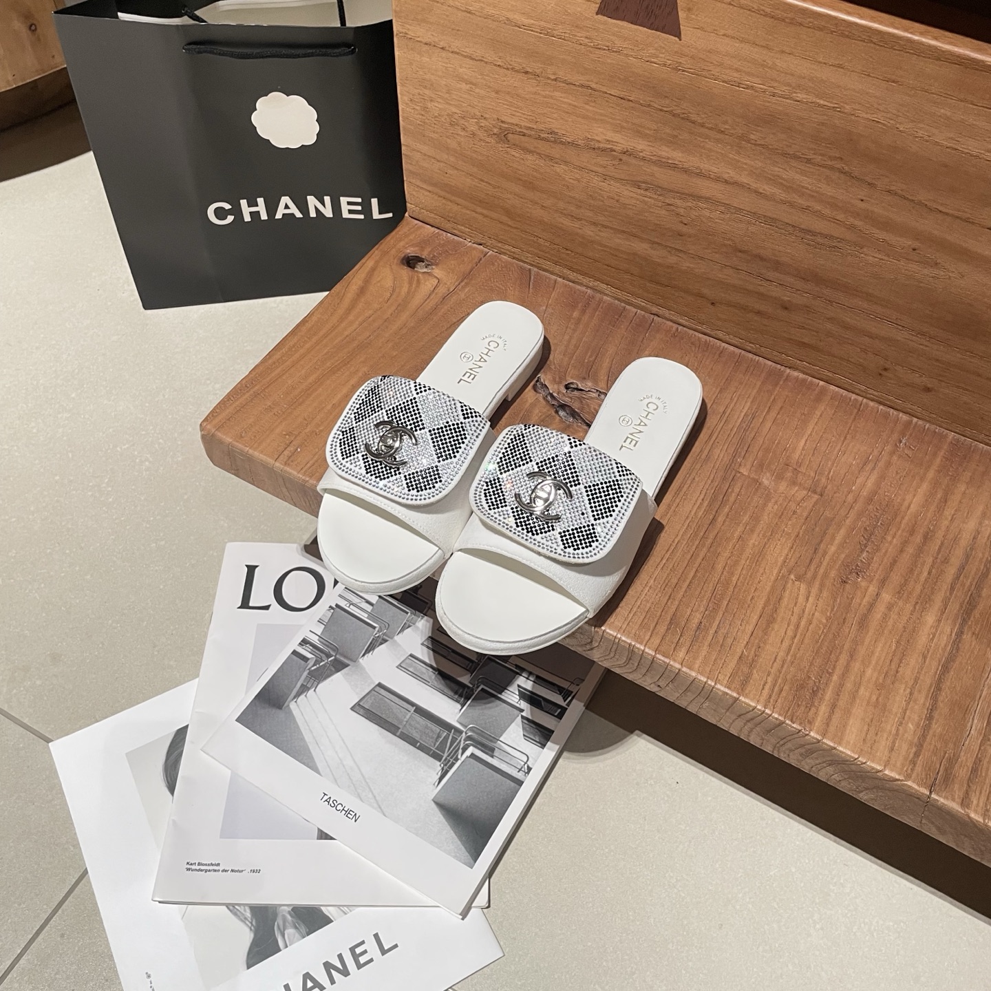 Chanel Buckle-Strap Slide Sandals - Silver & White