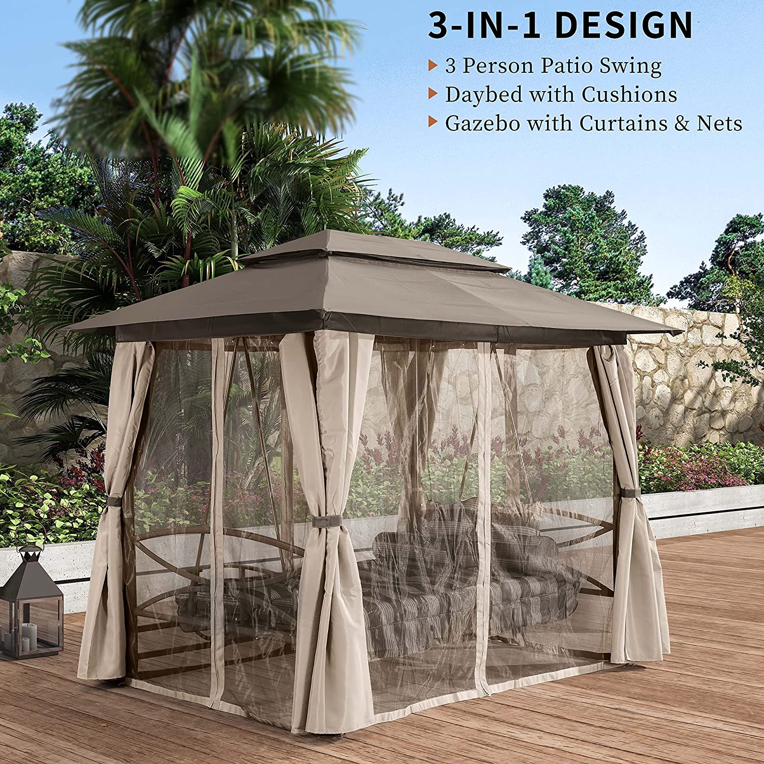 3 Person Patio Porch Swing Gazebo with Netting & Gazebo Curtains