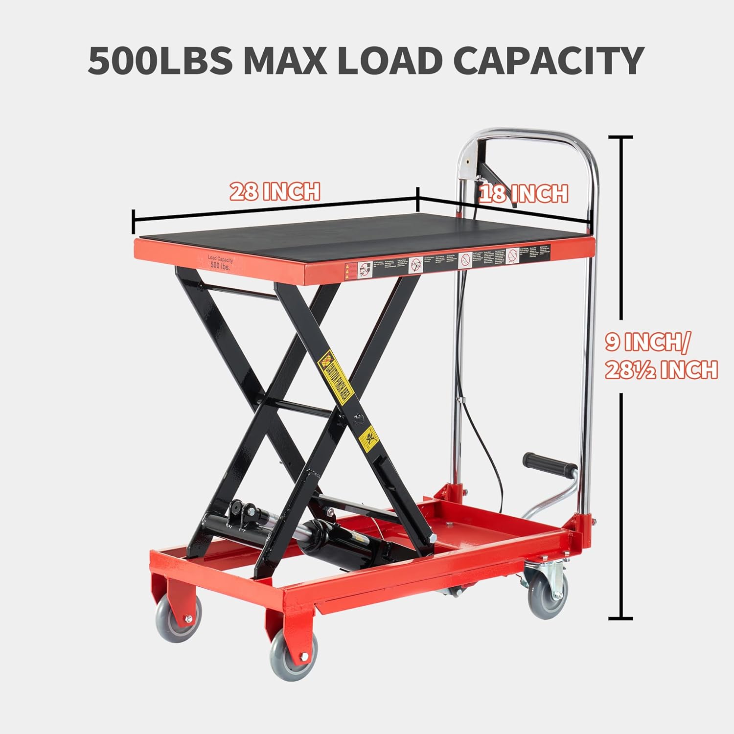 Hydraulic Lift Table Cart,500lbs Load Capacity 28.5Inch Lifting Height, Single Scissor Lift Table with Non-Slip Pads and 4 Wheels, for Material Handling and Transportation, Red