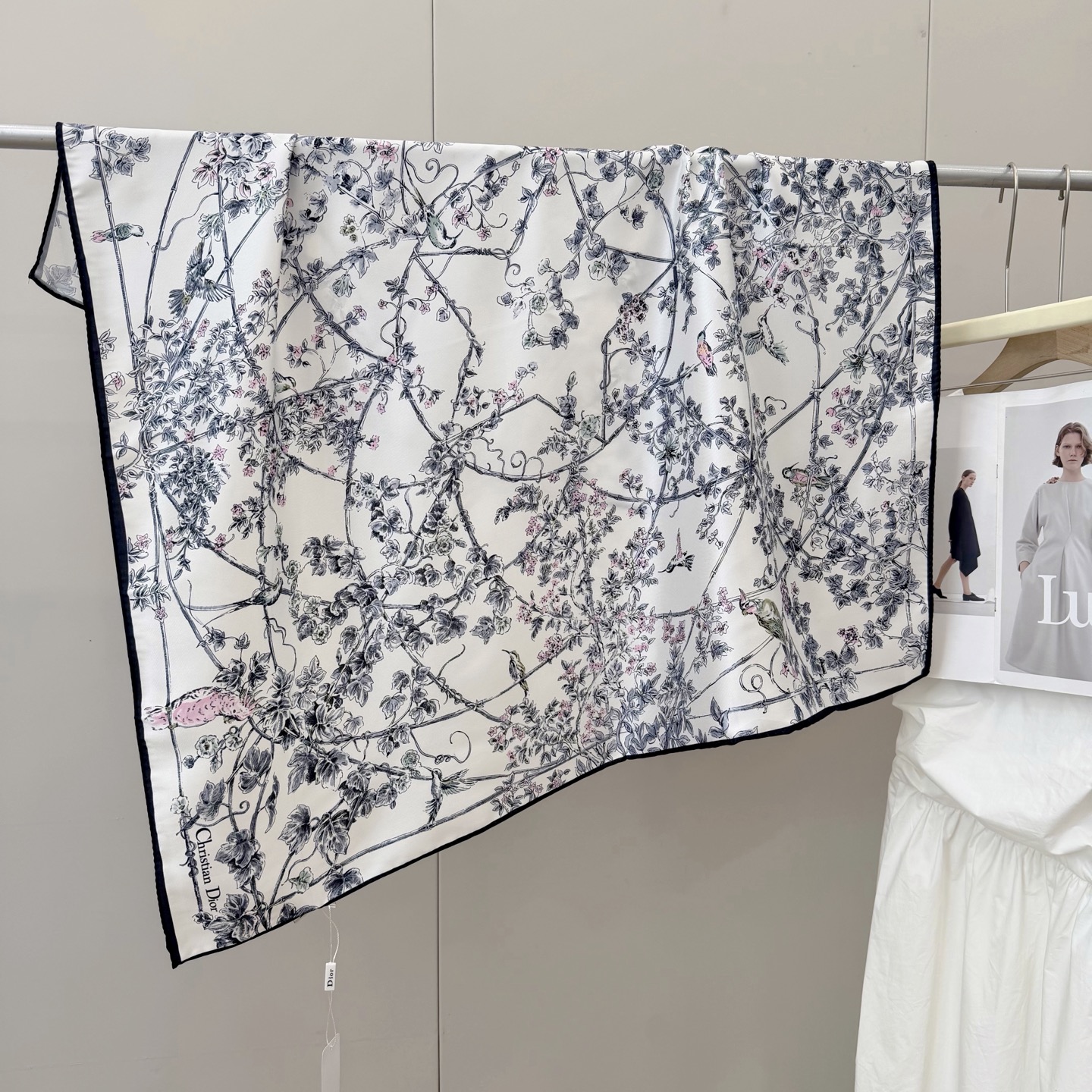 Dior Toile Print Silk Scarf Blue and Grey