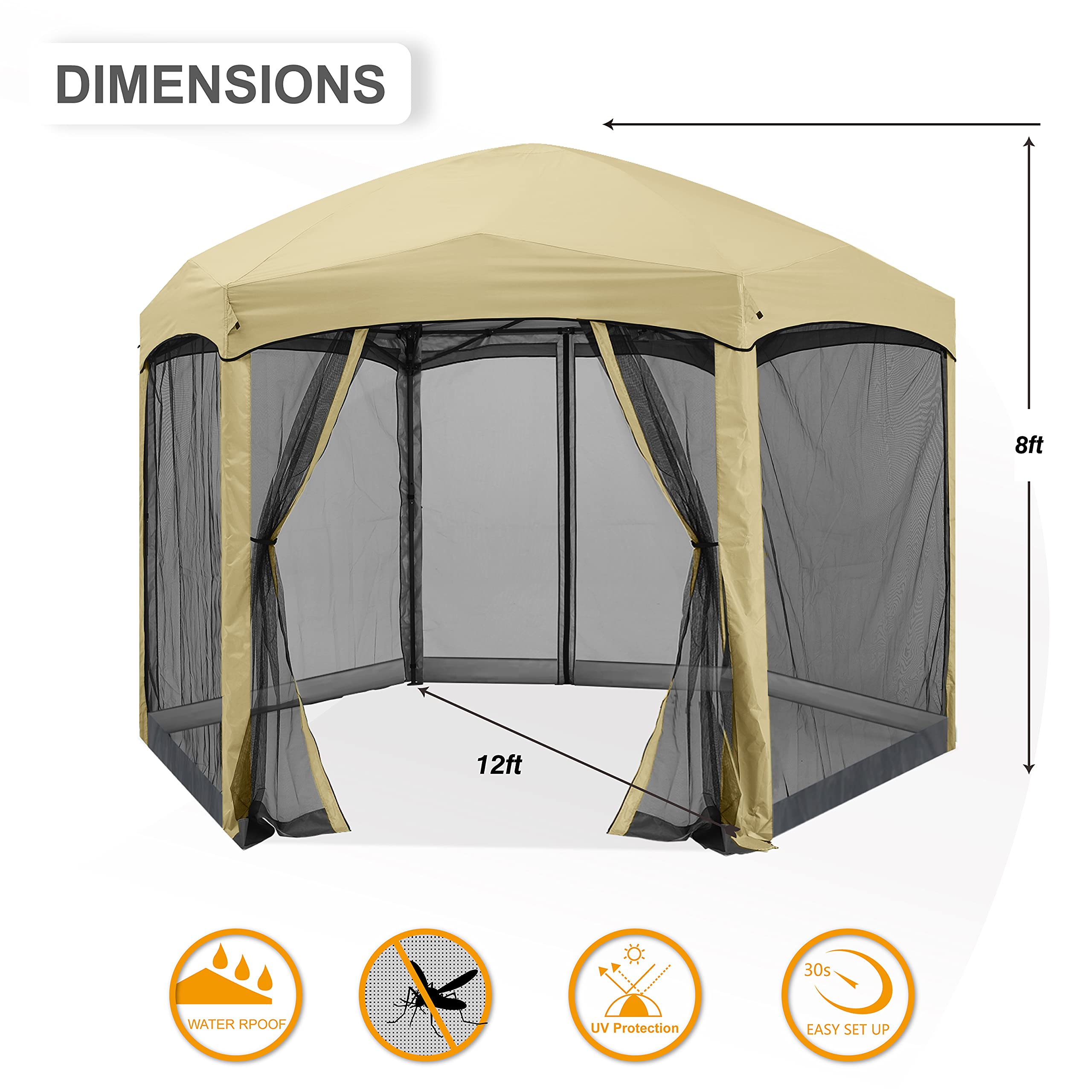 Pop Up Gazebo 6 Sided Screened Canopy Tent Screen House(Beige)
