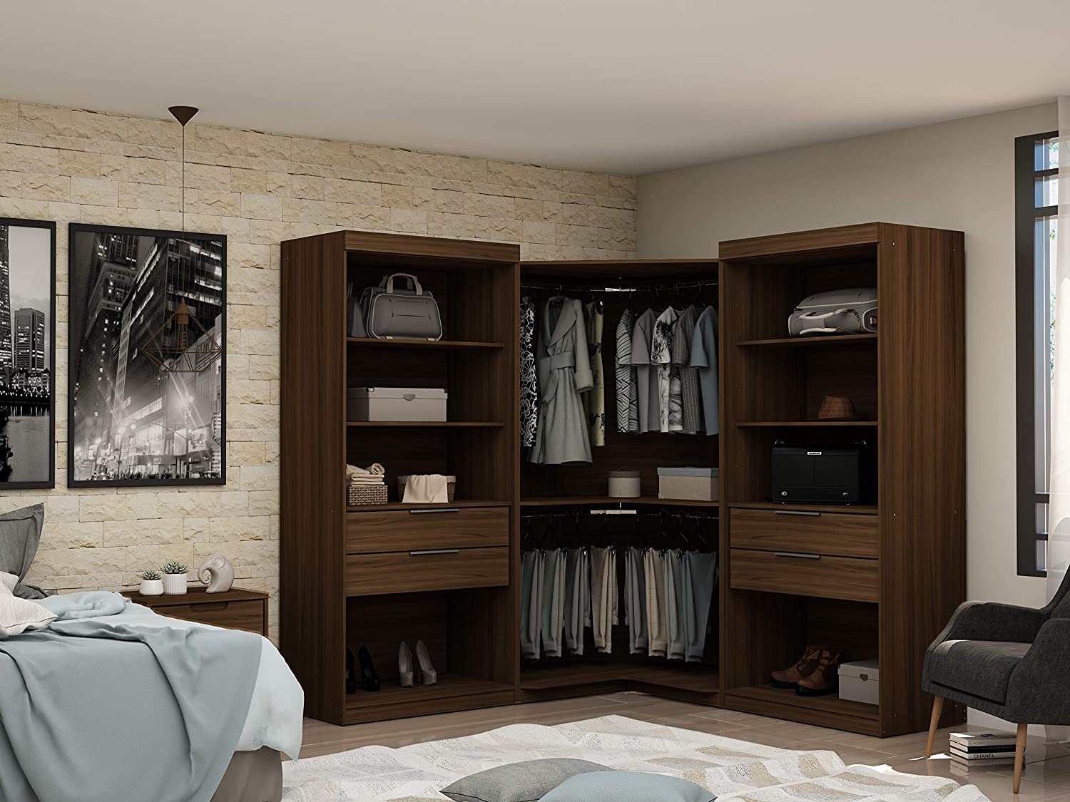 Mulberry Modern Open 3 Sectional Wardrobe Corner Closet with 4