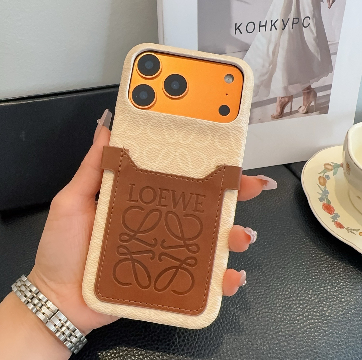 Loewe Style Anagram Embossed Card Holder Crossbody Phone Case