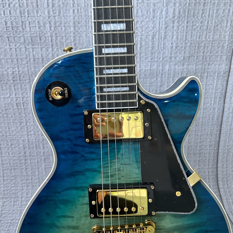 LP Blue Electric Guitar Gold Parts Black Pickguard Fixed Bridge 6 Strings
