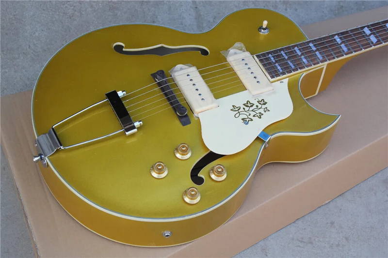 Factory hollow Gold Electric Guitar with Chrome Hardware,Whitee-Binding