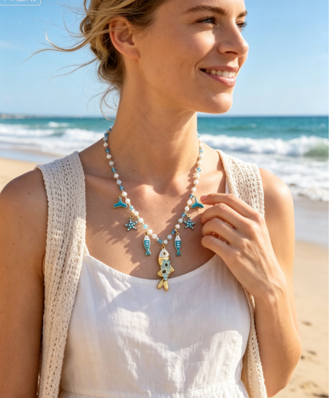 Boho Sea Creature Charm Necklace Blue Crystal Bead Mermaid Tail Statement Necklace