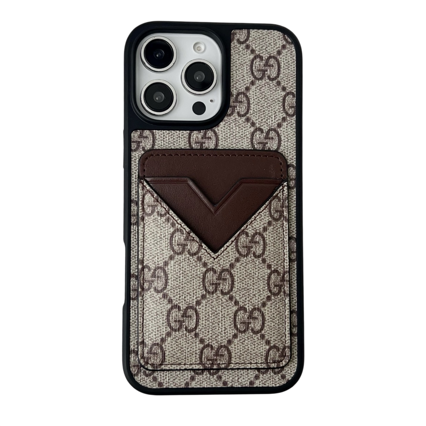 LV & Gucci Carbon Fiber Pattern Phone Case - Premium Material with Leather Finish, V-Shaped Card Holder
