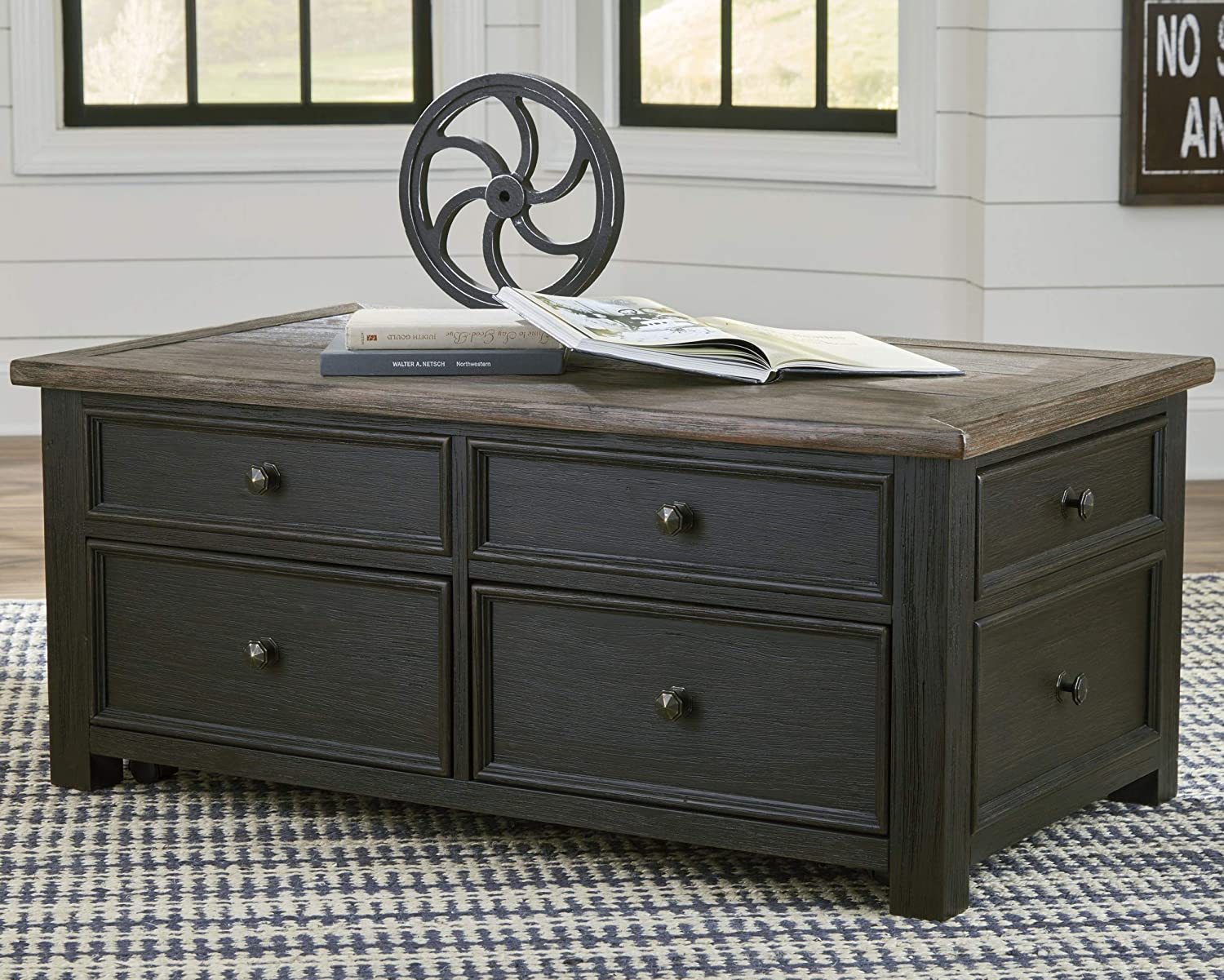 Rustic Rectangular Lift Top Coffee Table with 4 Storage Drawers