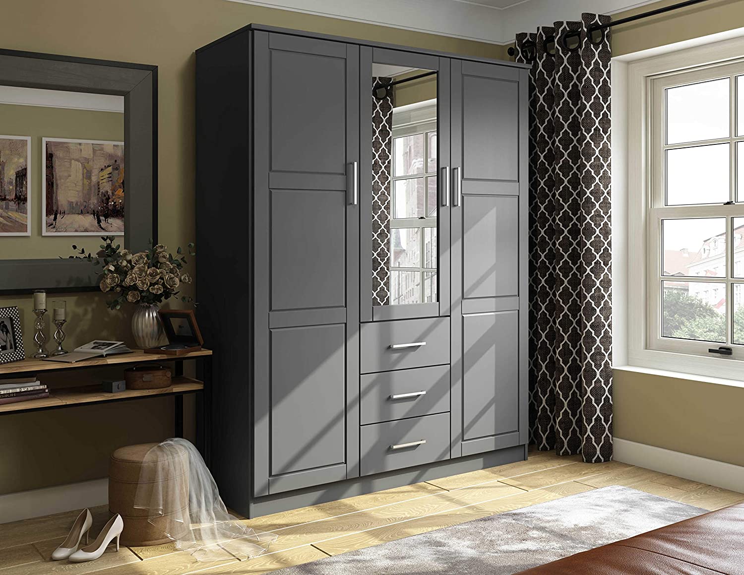Cosmo Solid Wood 3-Door Wardrobe with Mirror and 3 Drawers