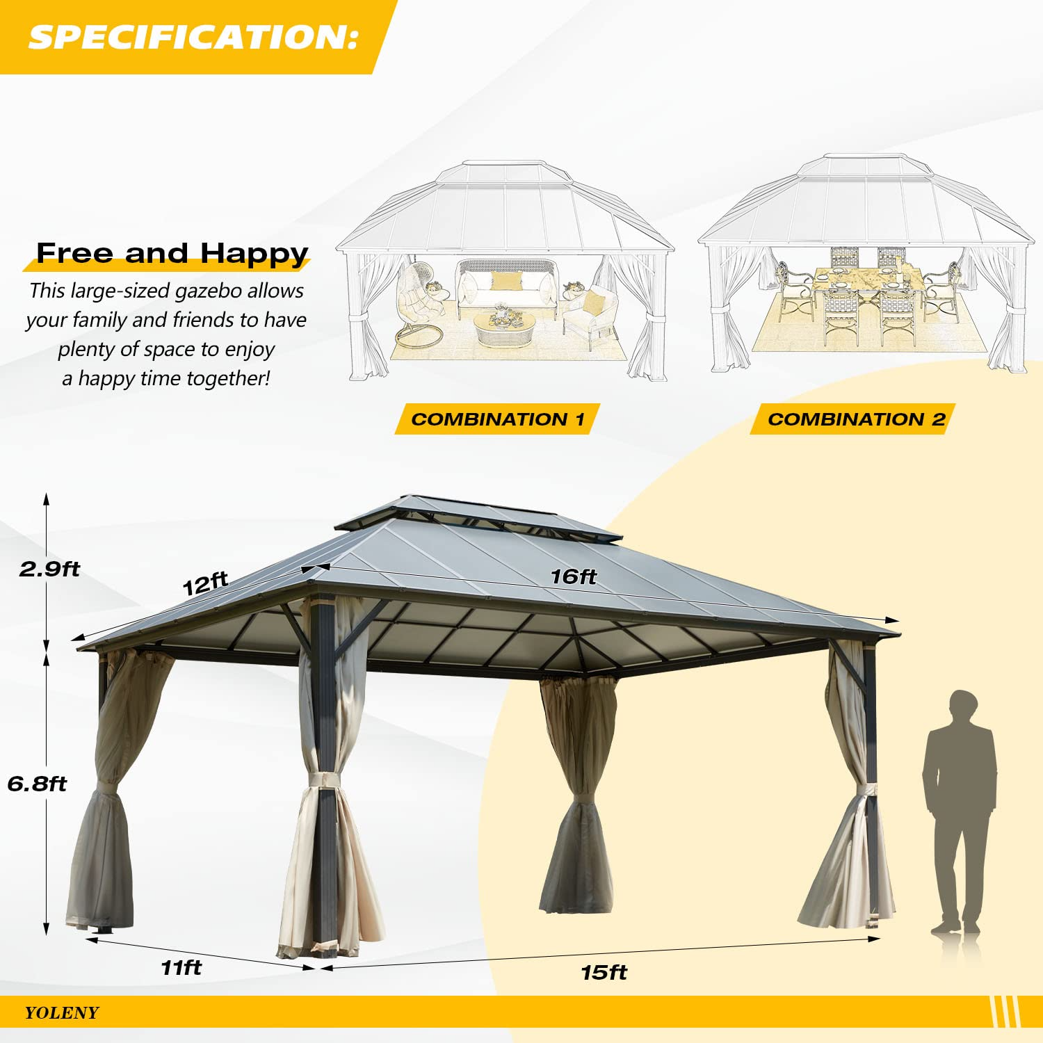Permanent Aluminum Patio Gazebo with Composite Double Roof