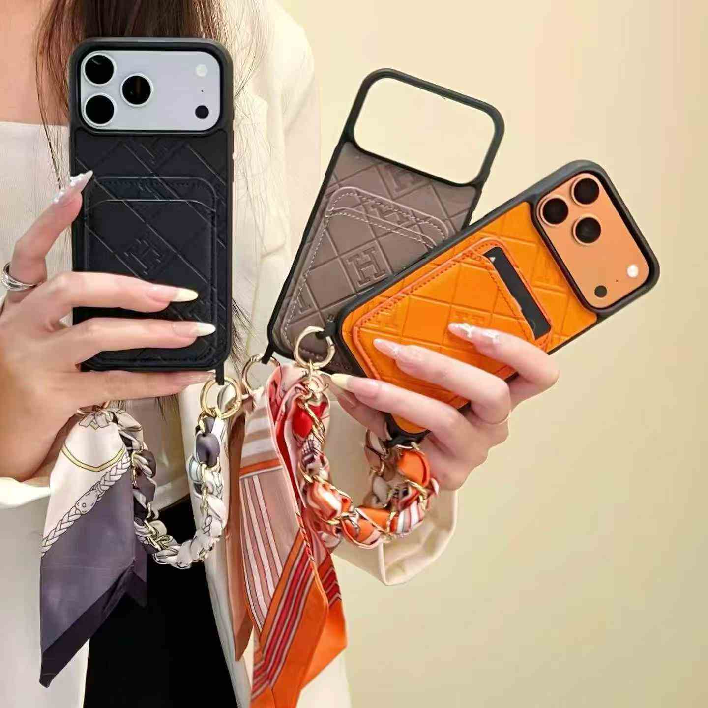 Rhombus Embossed Leather Card Slot Foldable Phone Case With Silk Scarf Wrist Chain For Samsung Galaxy Z Flip Series