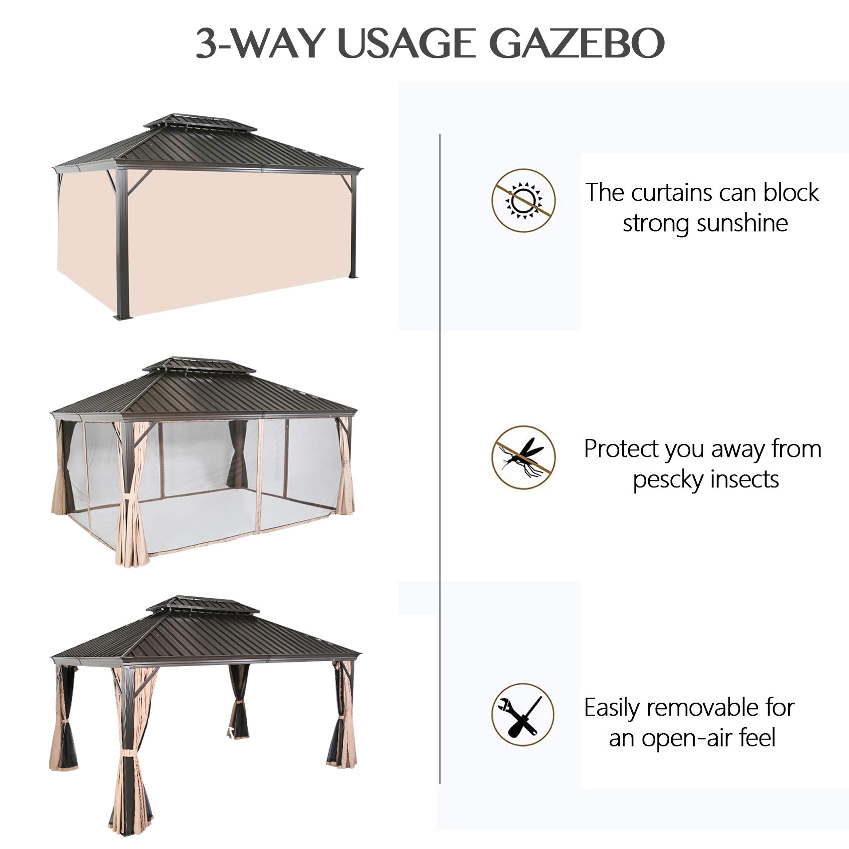Hardtop Gazebo with Netting and Curtains for Patios