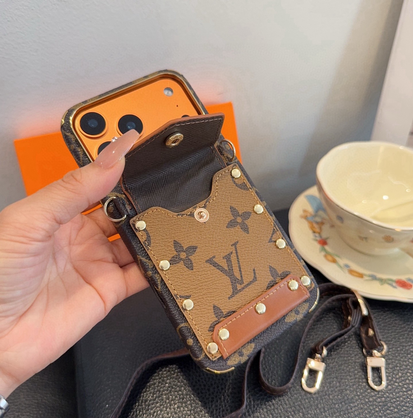 Louis Vuitton Style Monogram Card Holder Crossbody Phone Case With Rivet Detail