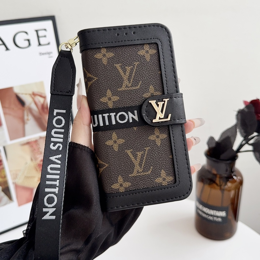 Luxury Designer Monogram Flip Wallet Phone Case with Wrist Lanyard