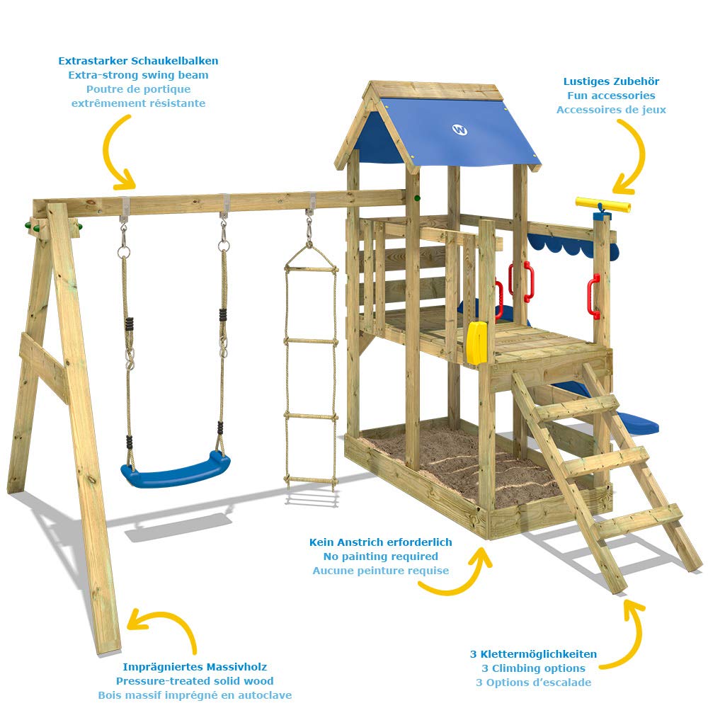 Wooden climbing frame TurboFlyer with swing set and blue slide