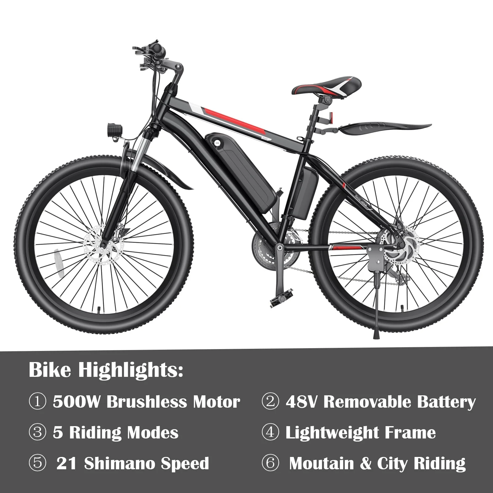 Gocio 26in Electric Mountain Bike, 500W, 375Wh, 21-Speed
