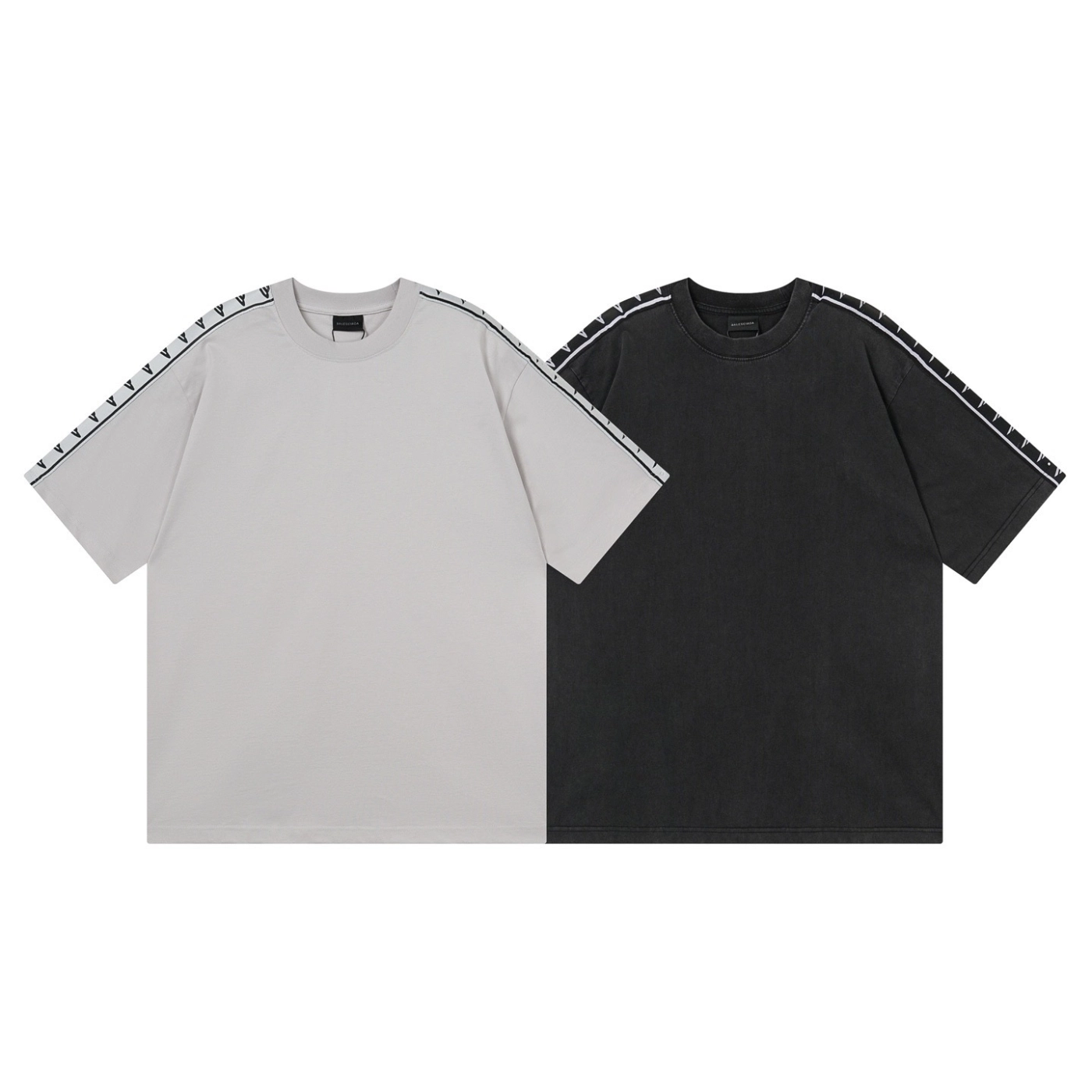 Balenciaga Washed & Distressed T-Shirt With 3B Artistic Webbing Accents Sleeves Black/Grey