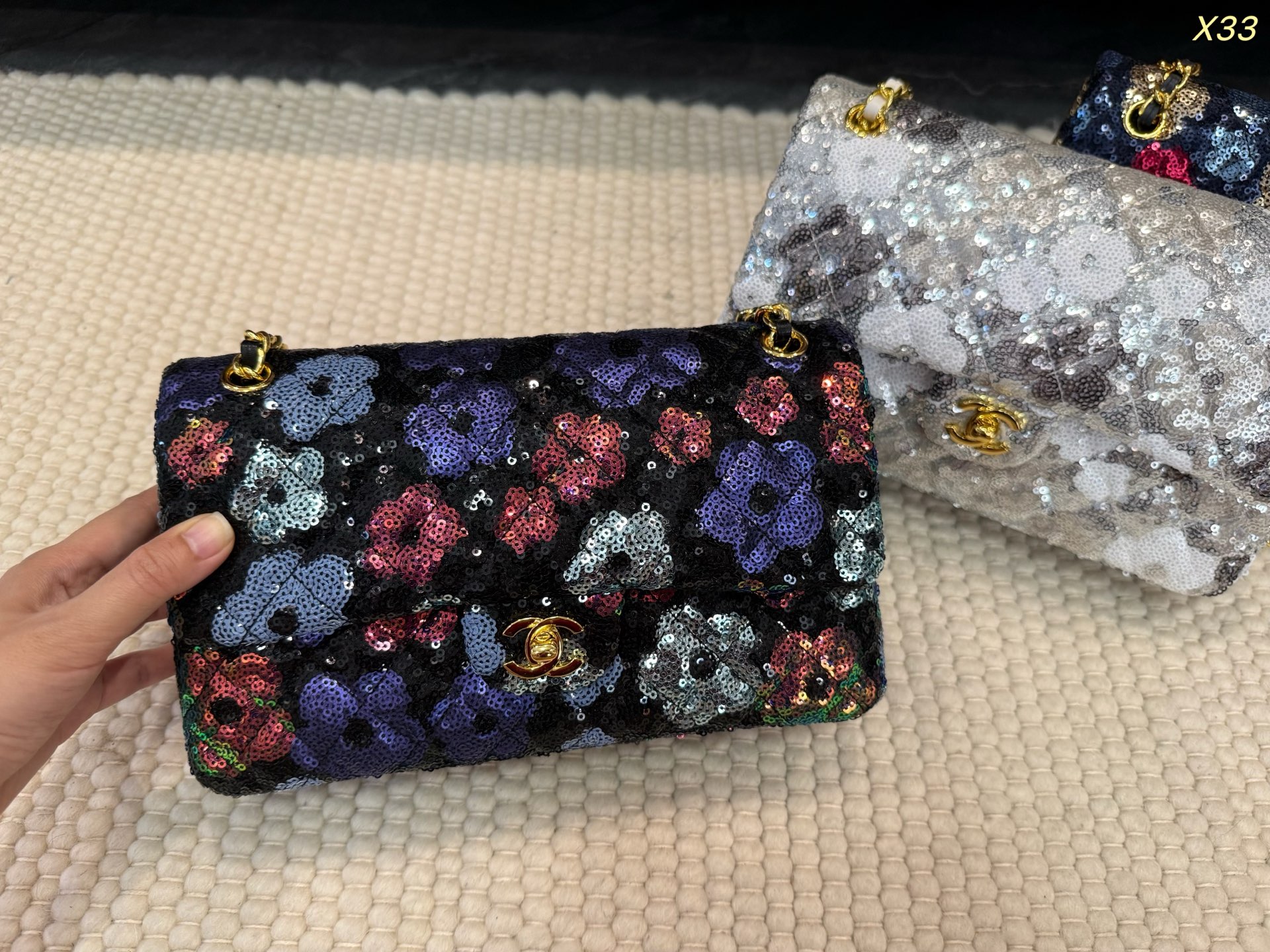 Chanel Classic Medium Flap Handbag in Sequined Fabric Camellia Flower Motif