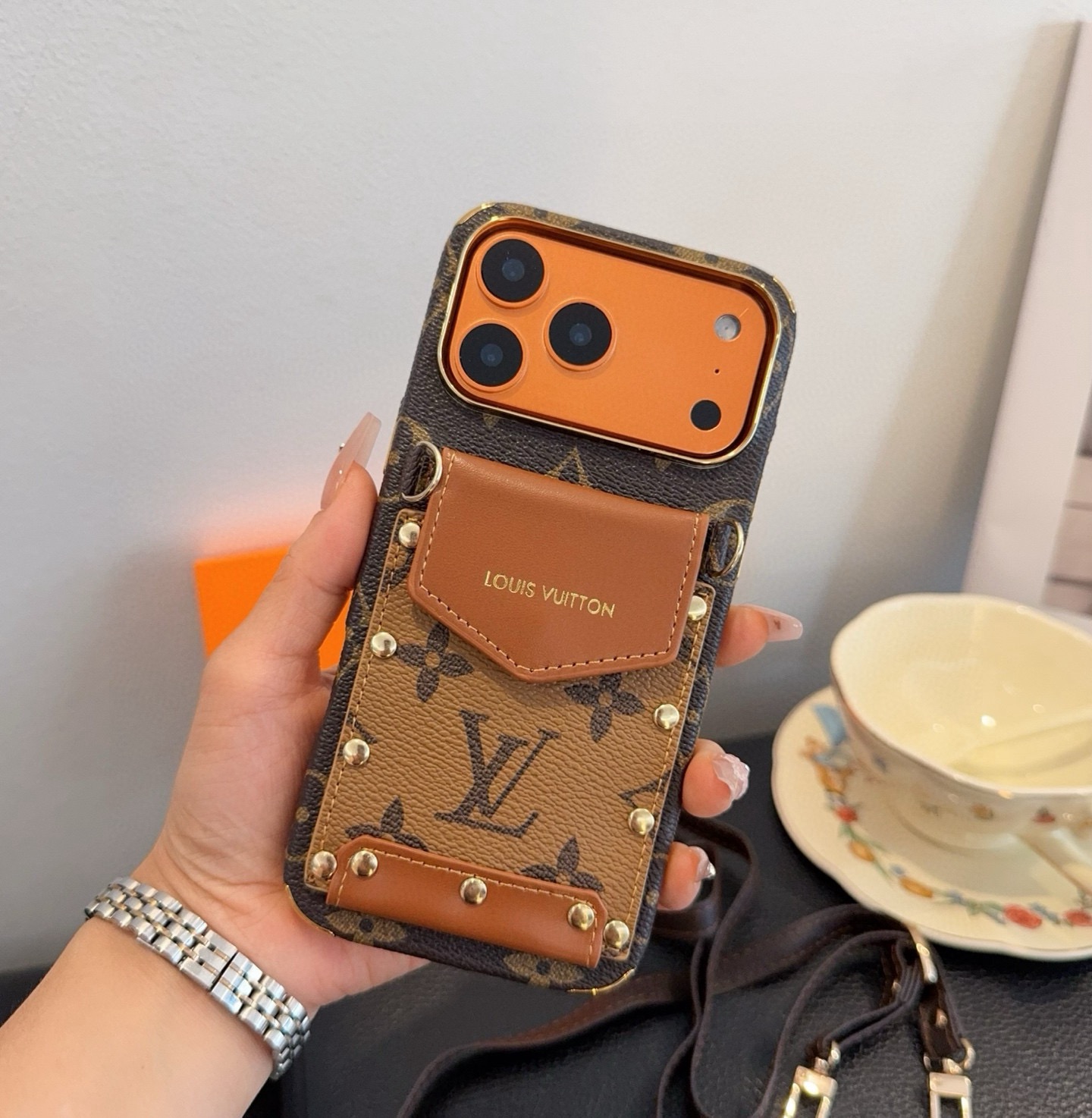 Louis Vuitton Style Monogram Card Holder Crossbody Phone Case With Rivet Detail