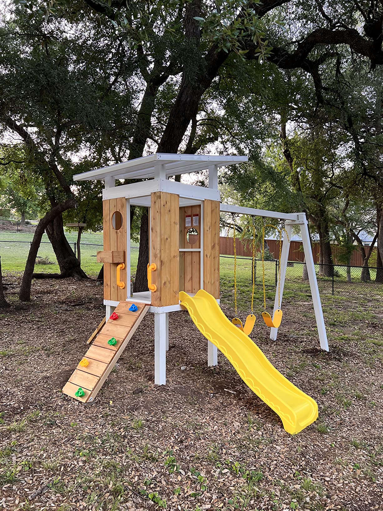 Modern Backyard Swing Set Children's Rock Climbing Wood