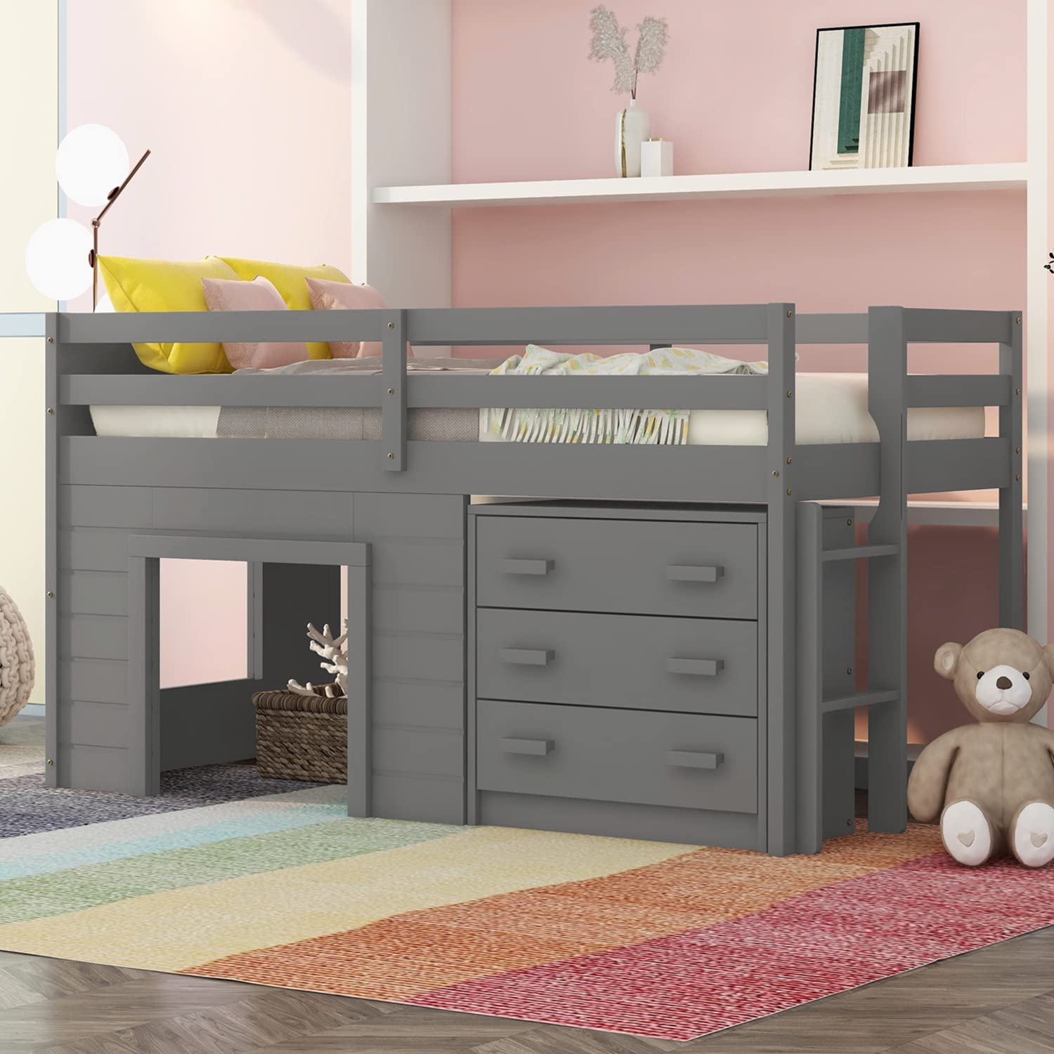 Bellemave Low Loft Beds with 3 Drawers Twin Loft Bed Frame with
