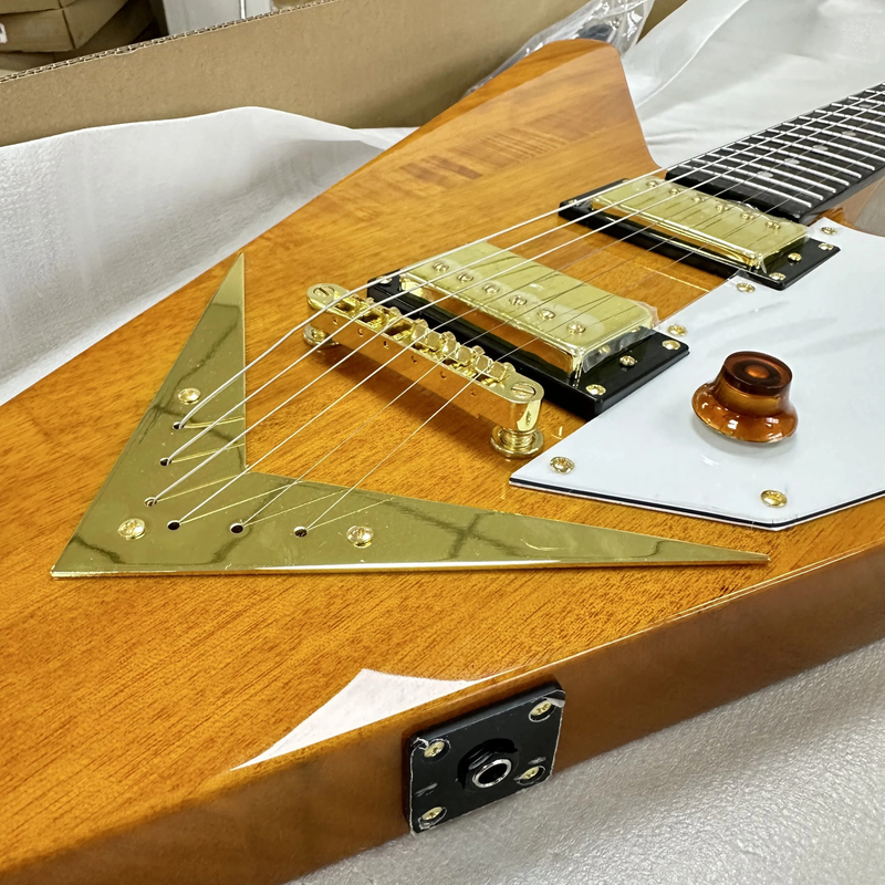 Yellow Reverse Electric Guitar Flying V HH Pickups 6 strings Guitar